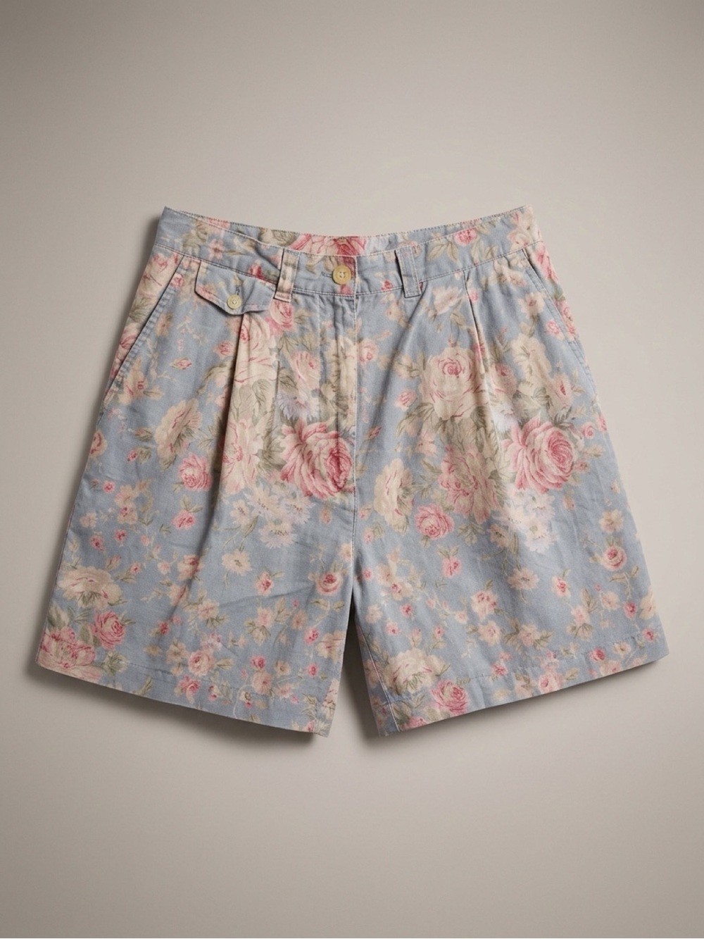 Ralph Lauren Light Blue Floral Cotton Shorts with Pink Roses